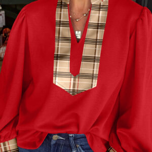 Racing Red Contrast Plaid Patchwork V Neck Long Sleeve Blouse