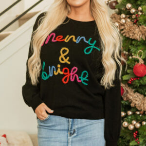 Black Colorful Merry & Bright Tinsel Graphic Sweater