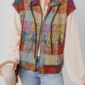 Multicolor Plaid Print Side Pockets Zipped Loose Vest