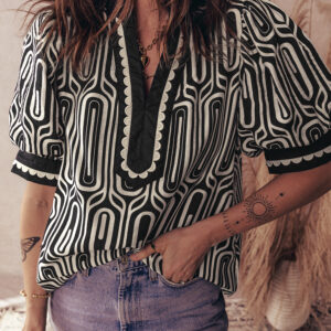 Black Geometric Print Contrast Scallop Color Block Patchwork Short Sleeve Blouse