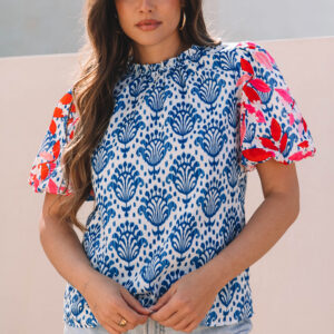 Blue Western Fashion Print Floral Puff Sleeve Frilled Neck Blouse