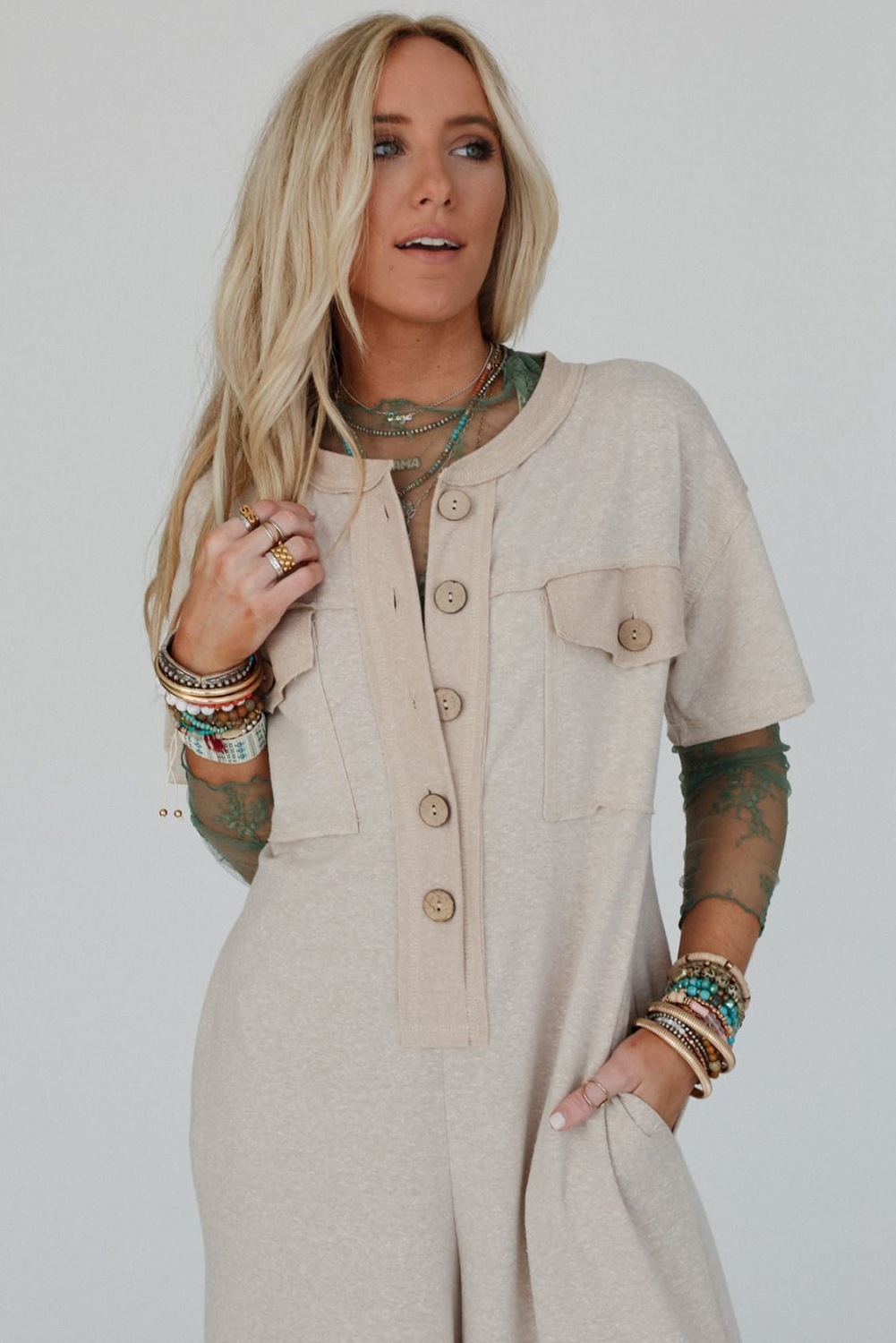 Beige Half Placket Chest Pockets Short Sleeve Wide Leg Jumpsuit - Image 6