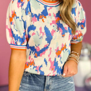 Apricot Abstract Pattern Knit Contrast Striped Trim Short Sleeve Sweater