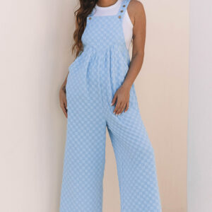 Beau Blue Checkered Pocketed High Waist Wide Leg Overall