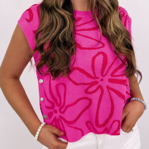 Bright Pink Button Sides Sleeveless Floral Knitted Top