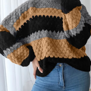 Khaki Color Block High Neck Baggy Sweater