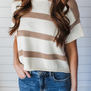 Khaki Stripe Dropped Short Sleeve Lightweight Knitted Top