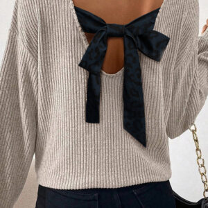 Simply Taupe Ribbed V Neck Contrast Ribbon Bow Back Drop Shoulder Long Sleeve Top