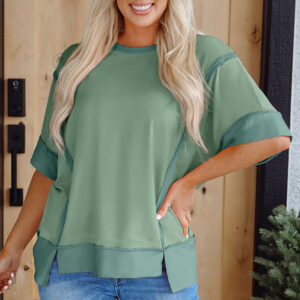 Smoke Green Half Sleeve Raw Seam High Low Side Split Top