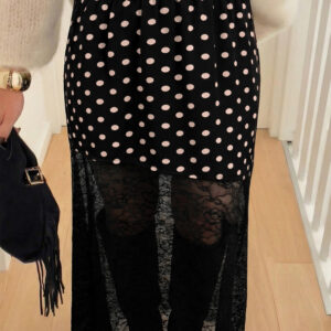Black Asymmetric Polka Dot Print Sheer Lace Patchwork Maxi Skirt