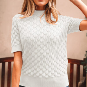 White Fish Scale Textured Knit Ribbed High Neck Short Sleeve Sweater