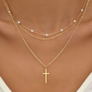 Gold Plated Cross Pendant Pearl Decor Triple Layer Chain Necklace
