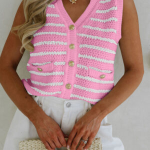 Pink Stripe V Neck Gold Buttons Elegant Sweater Vest