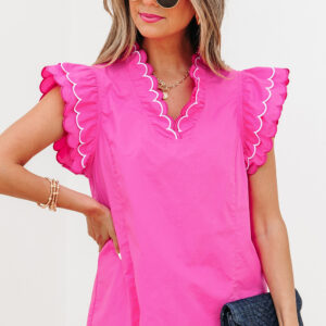 Bright Pink Contrast Scallop Trim Layered Short Sleeve V Neck Blouse