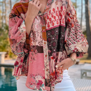 Red Boho Geometric Mixed Print Patchwork Bubble Sleeve Shirt