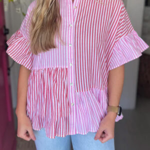 Pink Stripe Striped Patchwork Ruffled Hem Button up Shirt