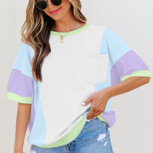 White Color Block Patchwork Half Sleeve Oversized T Shirt