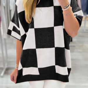 Black Checkered Pattern Loose Drop Shoulder Half Sleeve Sweater