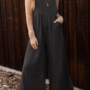 Black Striped Pleated Wide Leg Pocketed Jumpsuit