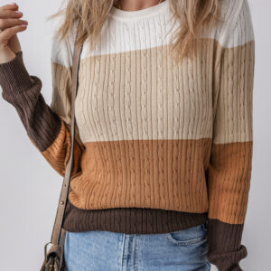 Khaki Colorblock Cable Knit Round Neck Sweater