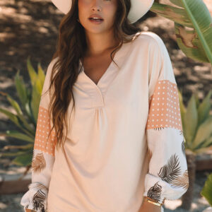 Jet Stream Palm Leaves Polka Dot Puff Sleeve Patchwork V Neck Loose Blouse