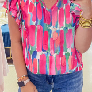 Rose Abstract Brush Print Ruffled Sleeve Frill V Neck Blouse