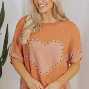 Desert Gold Stud Heart Patch Textured Front Dolman Top