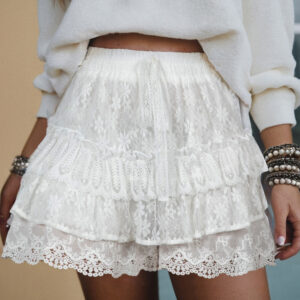 White Lace Ruffle Tiered Drawstring Elastic Waist Sweet Shorts