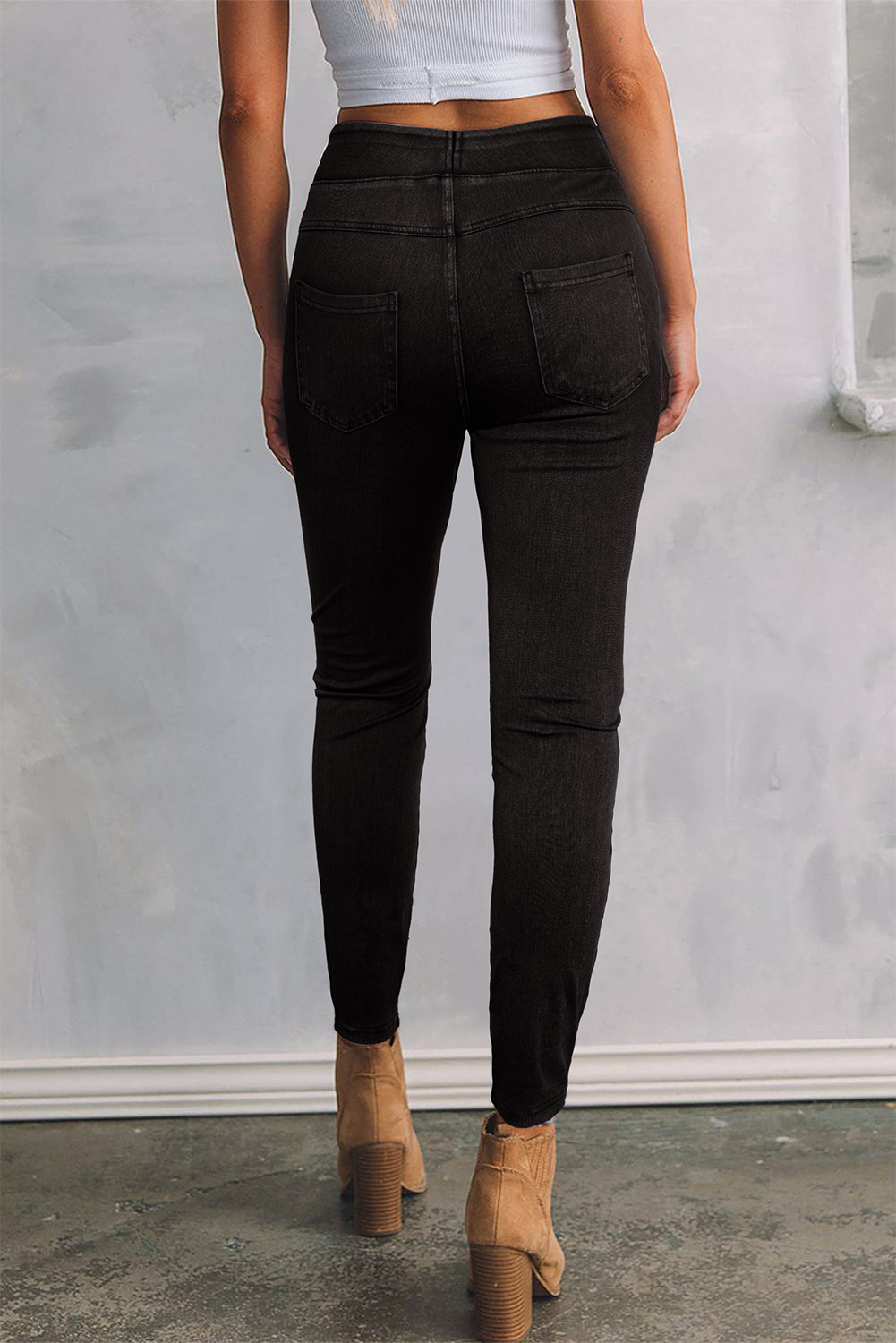 Black Solid Color High Waist Stretchy Slim Fit Jeggings - Image 2