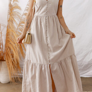 Khaki Stripe Flutter Sleeve Buttoned Front Slit Maxi Dress