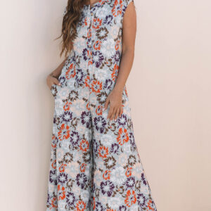 Sky Blue Floral Sleeveless Buttoned Pocketed Wide Leg Jumpsuit