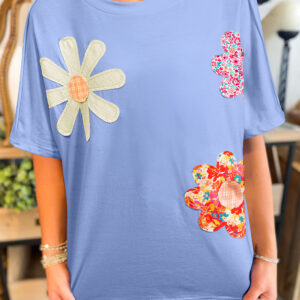 Sky Blue Flower Patched Exposed Stitching Trim Crew Neck Loose Tee