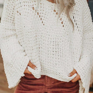 White Hollowed Detail Wide Sleeve Loose Pullover Sweater