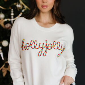 Beige Colorful Holly Jolly Christmas Knit Loose Sweater