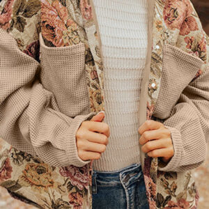 Khaki Floral Waffle Knit Patchwork Chest Pockets Buttoned Jacket