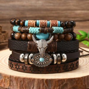 Chestnut 6 Piece Western Bull Skull Turquoise Beading Bracelet