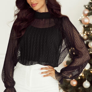 Black Dotty Lace Sheer Mock Neck Long Sleeve Blouse