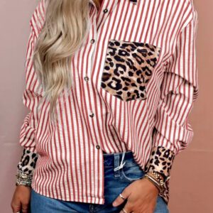 Racing Red Striped Leopard Print Patchwork Button Up Womens Shirt