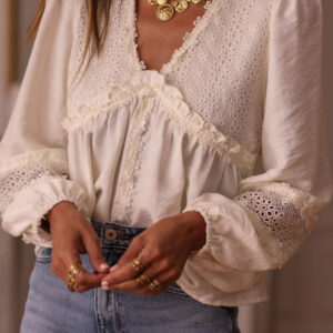 White Solid Color Floral Guipure Lace Patchwork Frilled Long Sleeve Blouse