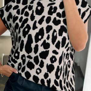 Black Leopard Print High Neck Short Sleeve Sweater