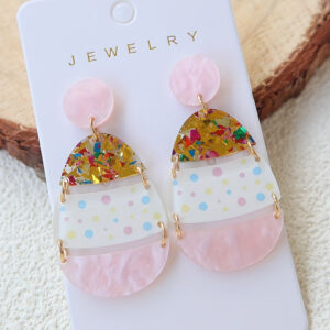 Pink Cute Printed Easter Egg Shape Drop Earrings