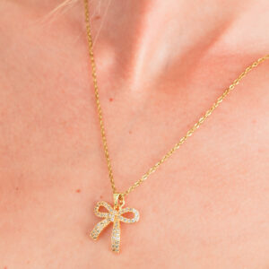 Gold Plated Rhinestone Bowknot Pendant Necklace
