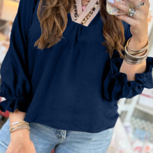 Dirty blue Leopard Trim V Neck Flounced Bracelet Sleeve Blouse