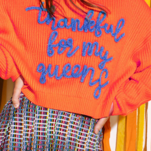 Vitality Orange Thankful for my queens Ribbed Knit Drop Shoulder Graphic Sweater