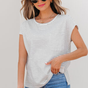 White Stripe Cap Sleeve Crew Neck Casual Tee with Chest Pocket