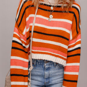 Orange Stripe Drop Shoulder Cropped Pullover Sweater
