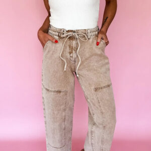 Smoke Gray Acid Wash Barrel Fit Denim Pants with Waist String