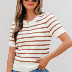 Khaki Stripe Scalloped Round Neck Short Sleeve Sweater