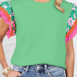 Light Green Contrast Ricrac Floral Sleeve Top