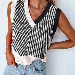 Black Contrast Chevron Knit V Neck Sweater Vest
